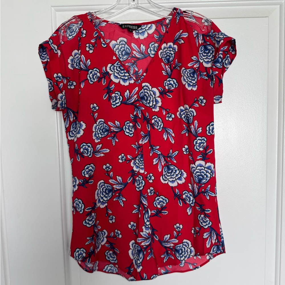 Express Red Ruched Cap Sleeve Blouse